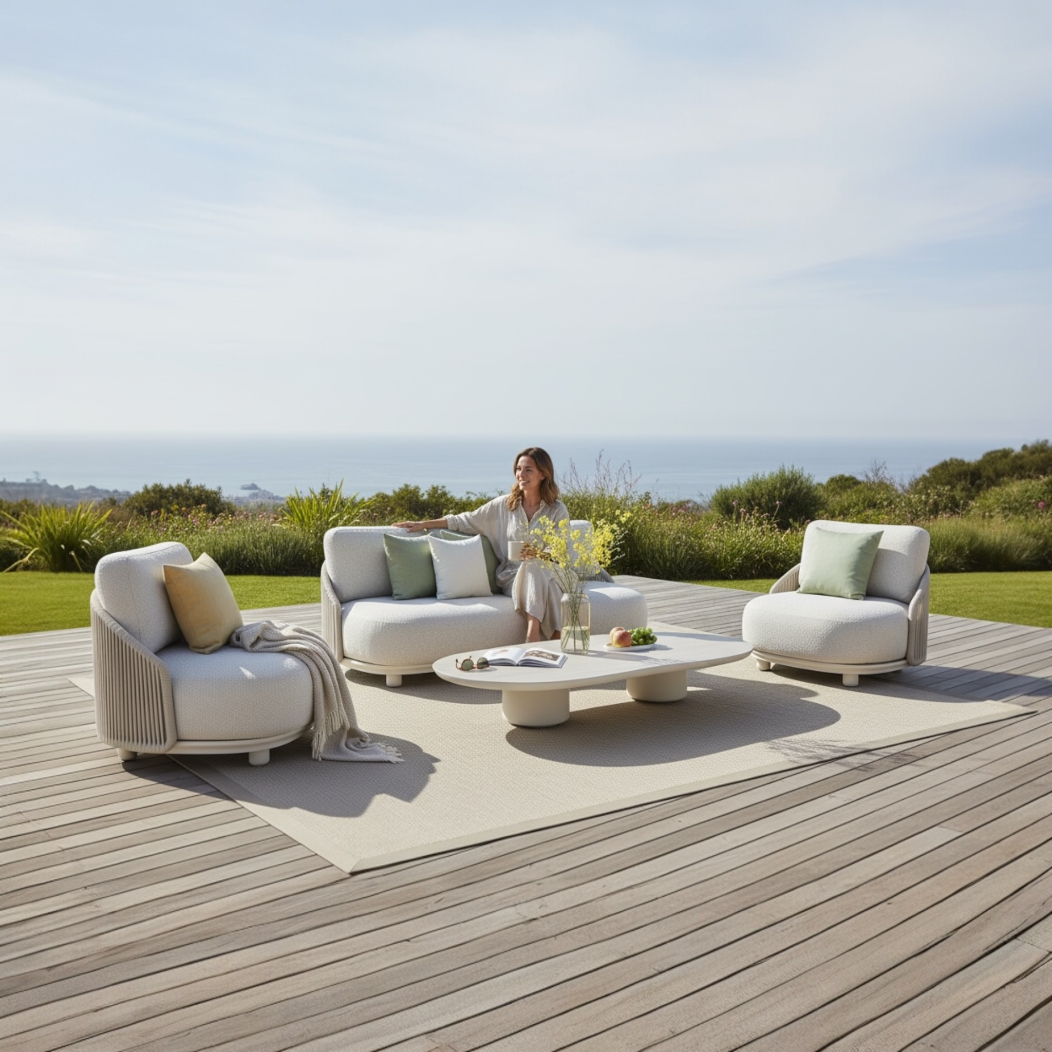 Salon de jardin haut de gamme en aluminium et corde - AURA BEIGE