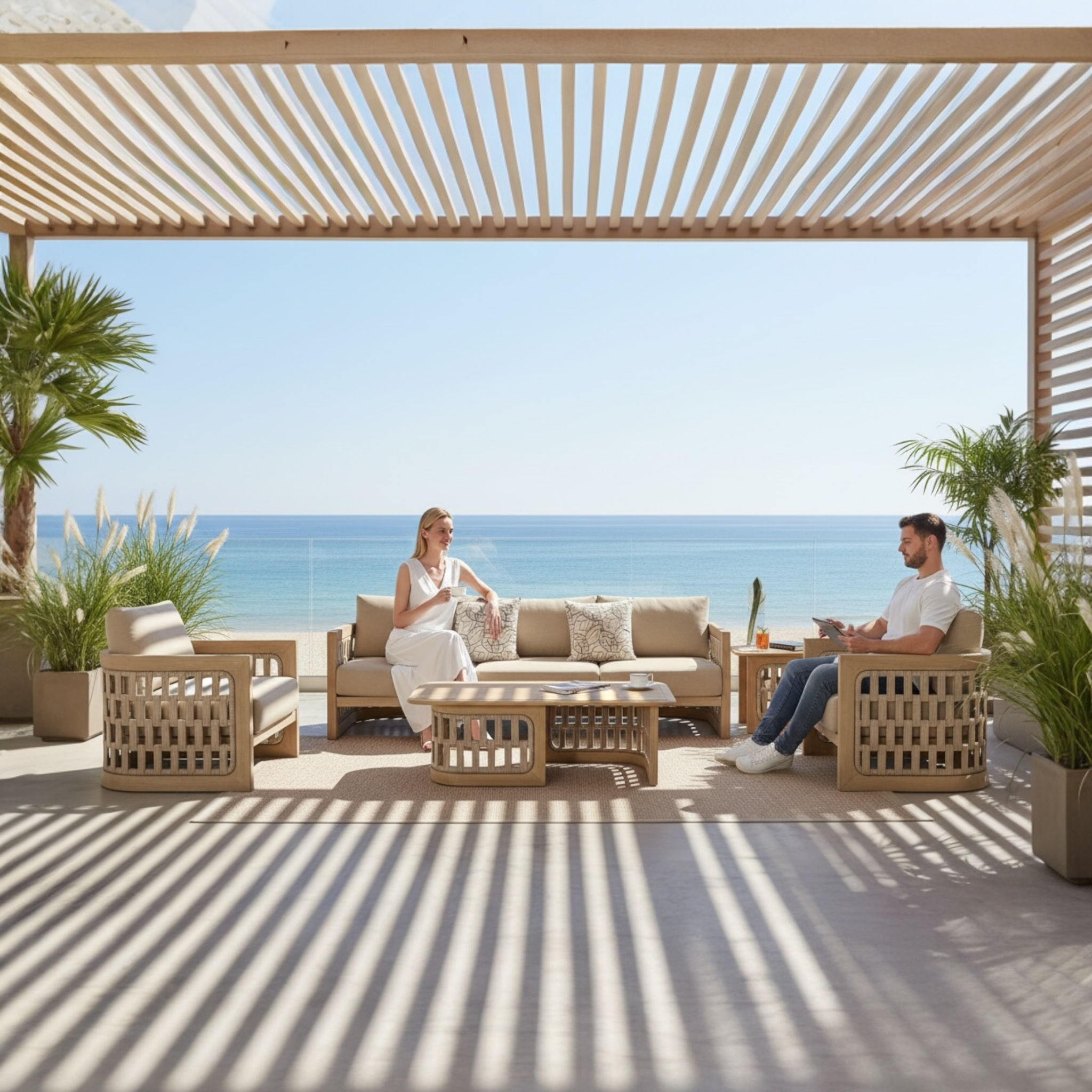 Mobilier de jardin luxe en teck et en corde 5 places  - PALMA
