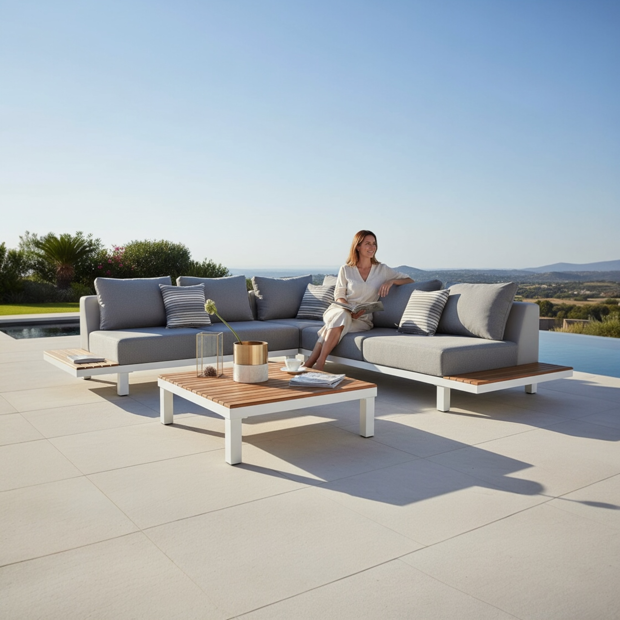 Canapé de jardin d'angle en aluminium et en teck - ORSY COSY