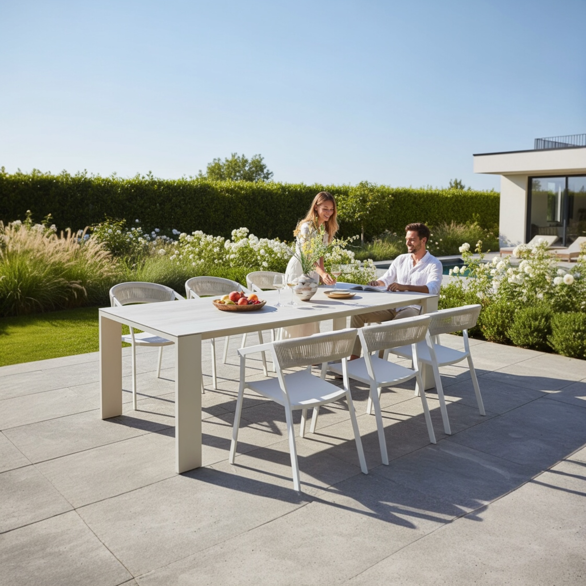 Table de jardin rectangulaire aluminium beige et céramique gris perle - JULES