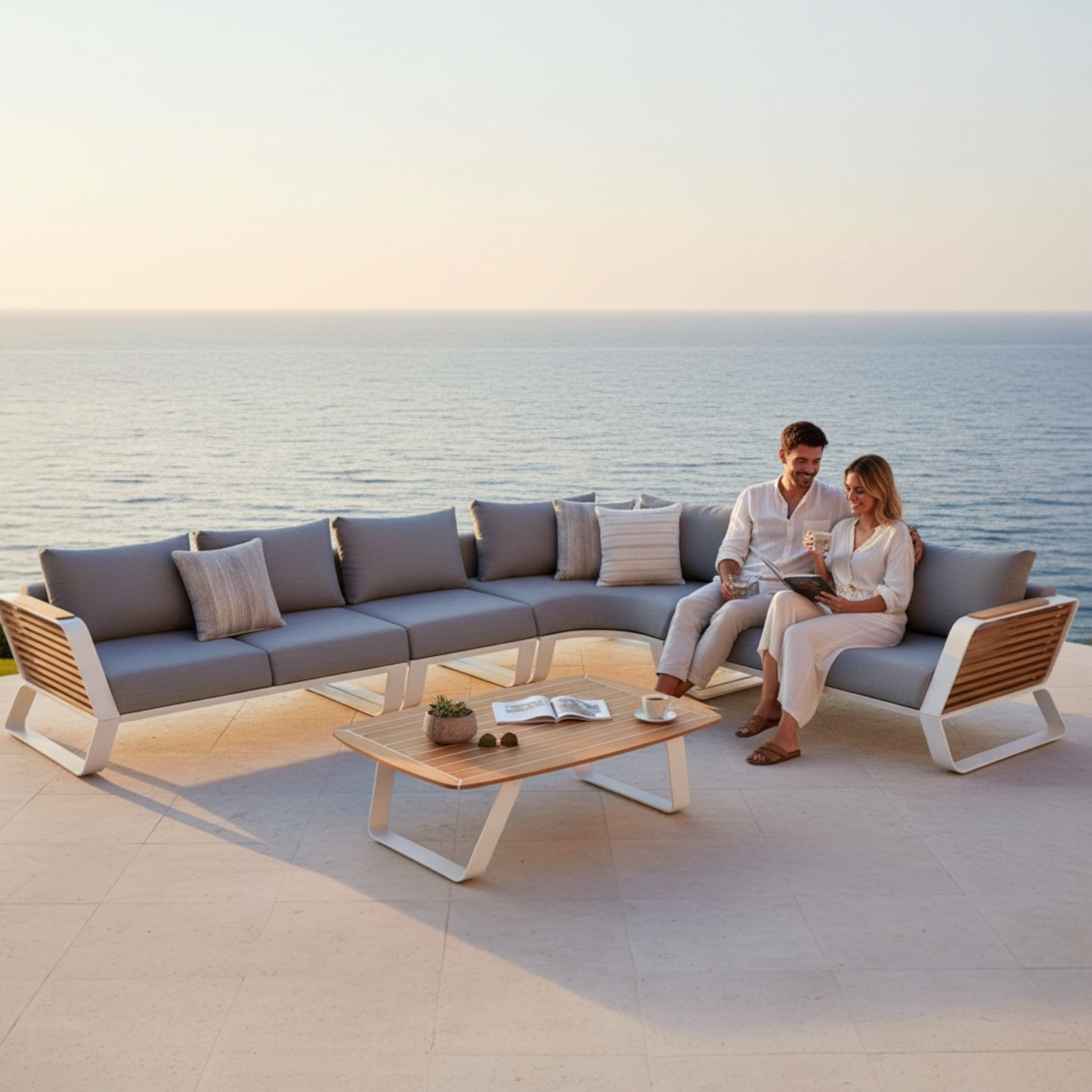 Canapé de jardin d'angle en aluminium et en teck luxe - AILY