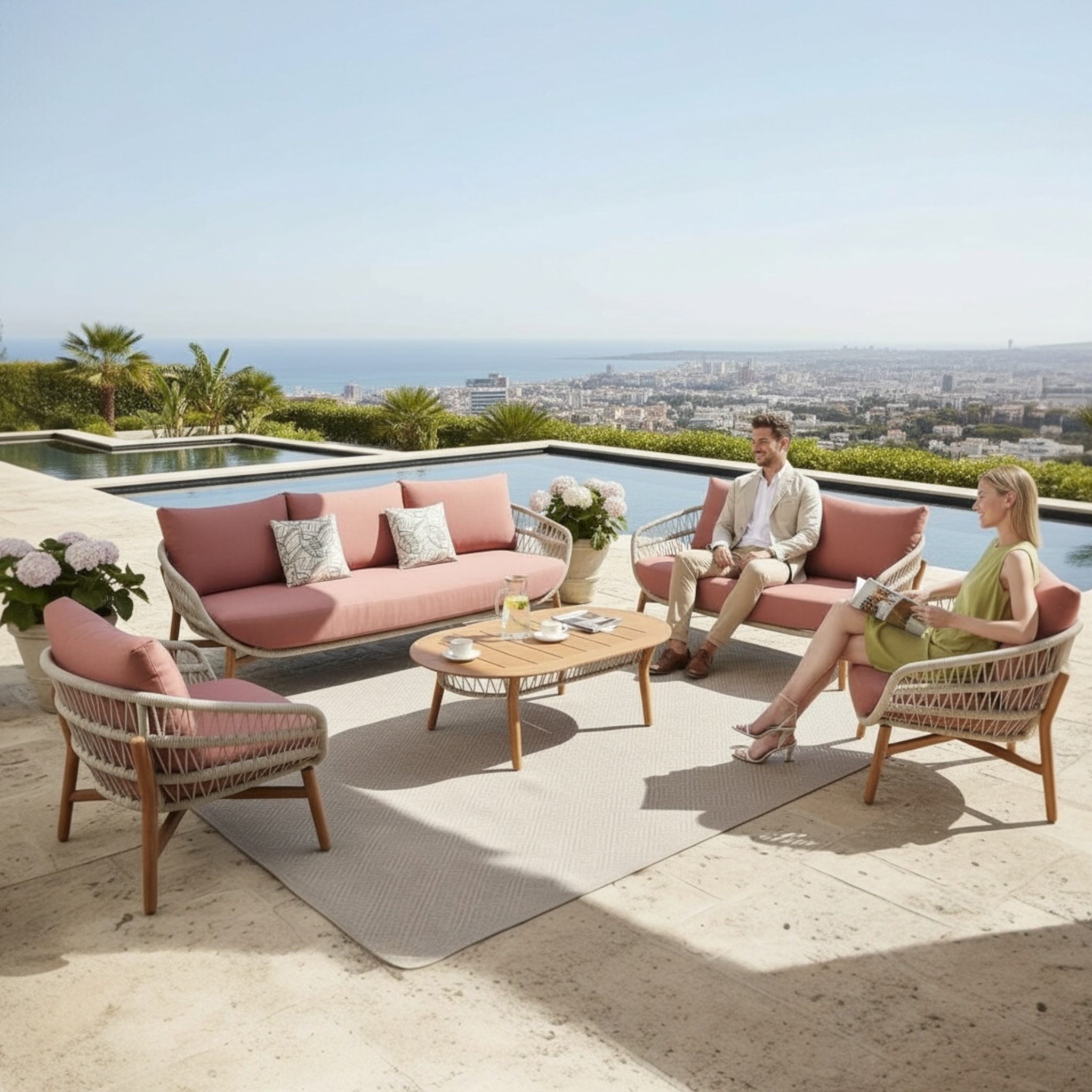 Ensemble canapé de jardin design en bois et en corde 7 places  - ROSE XL