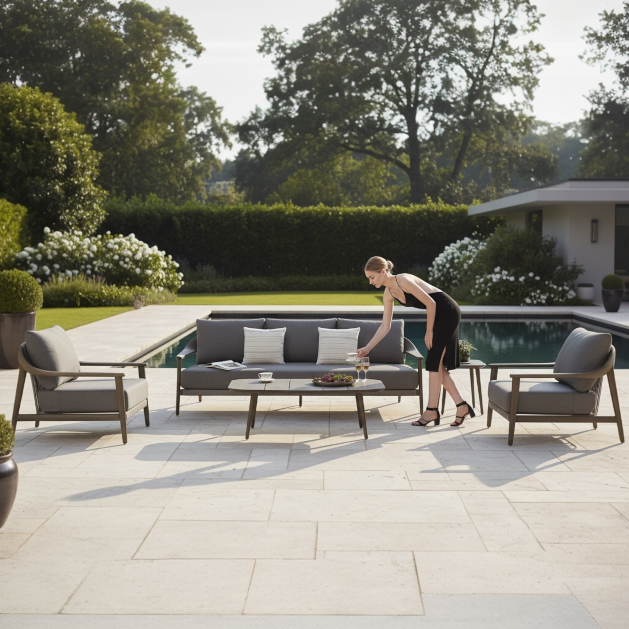 Mobilier de jardin design haut de gamme  en teck massif 5 places  - COME BIS