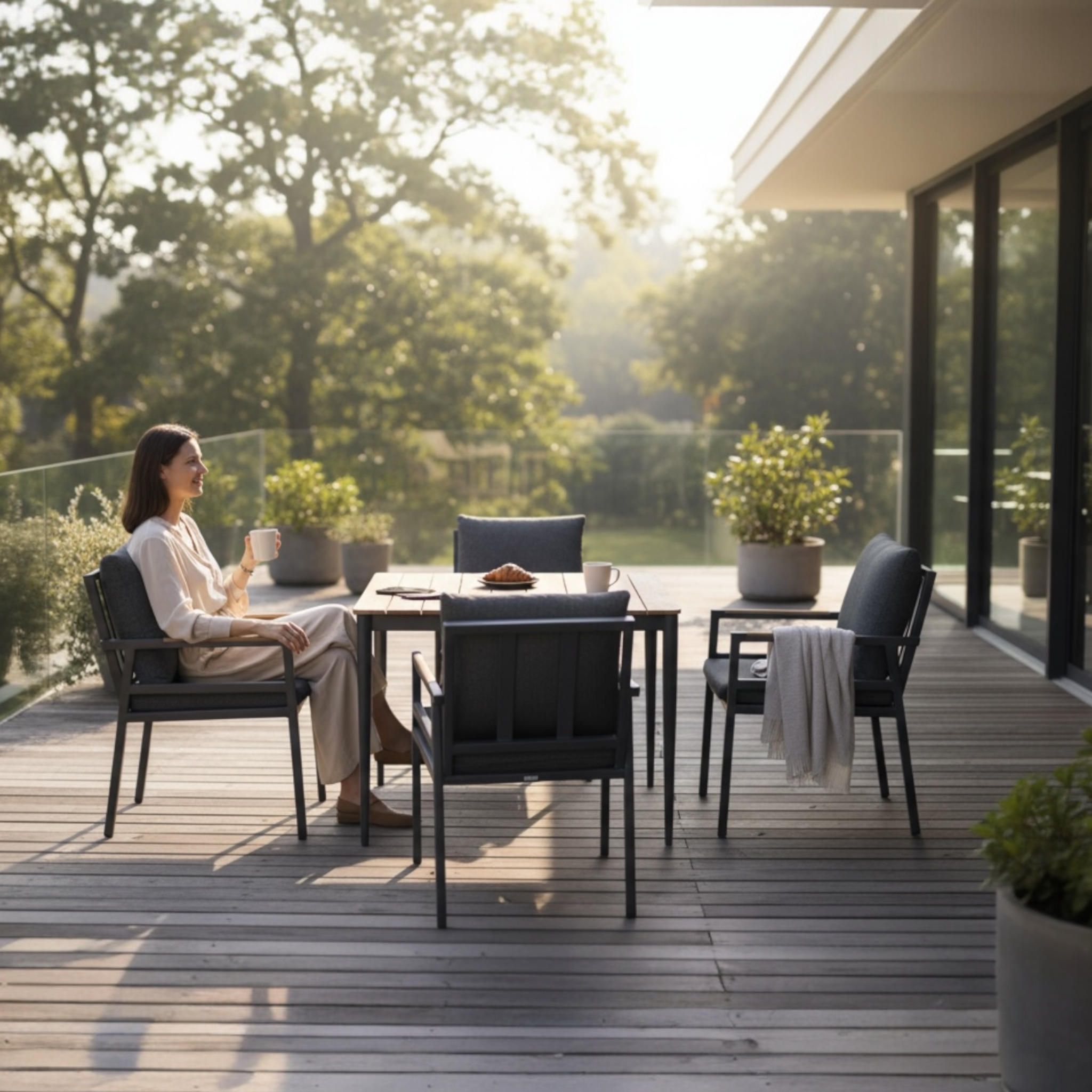 Ensemble repas de jardin aluminium et teck 4places - GLORIA
