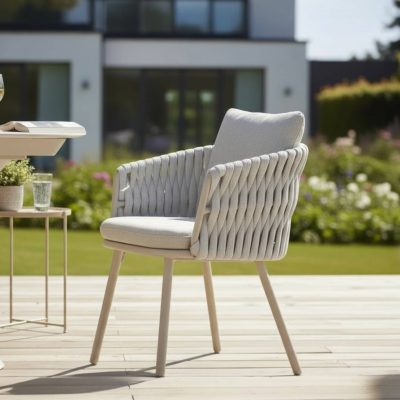Fauteuil repas extérieur confortable en aluminium et corde - LIVIO BEIGE