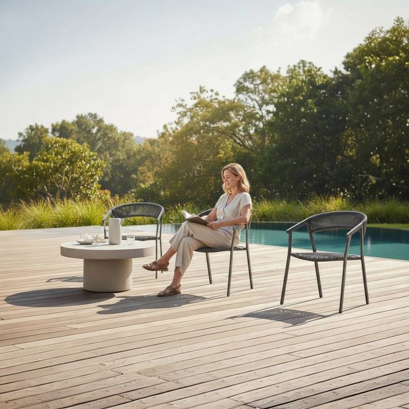 Fauteuil repas de jardin en aluminium et corde noir (lot de 2) - LARA