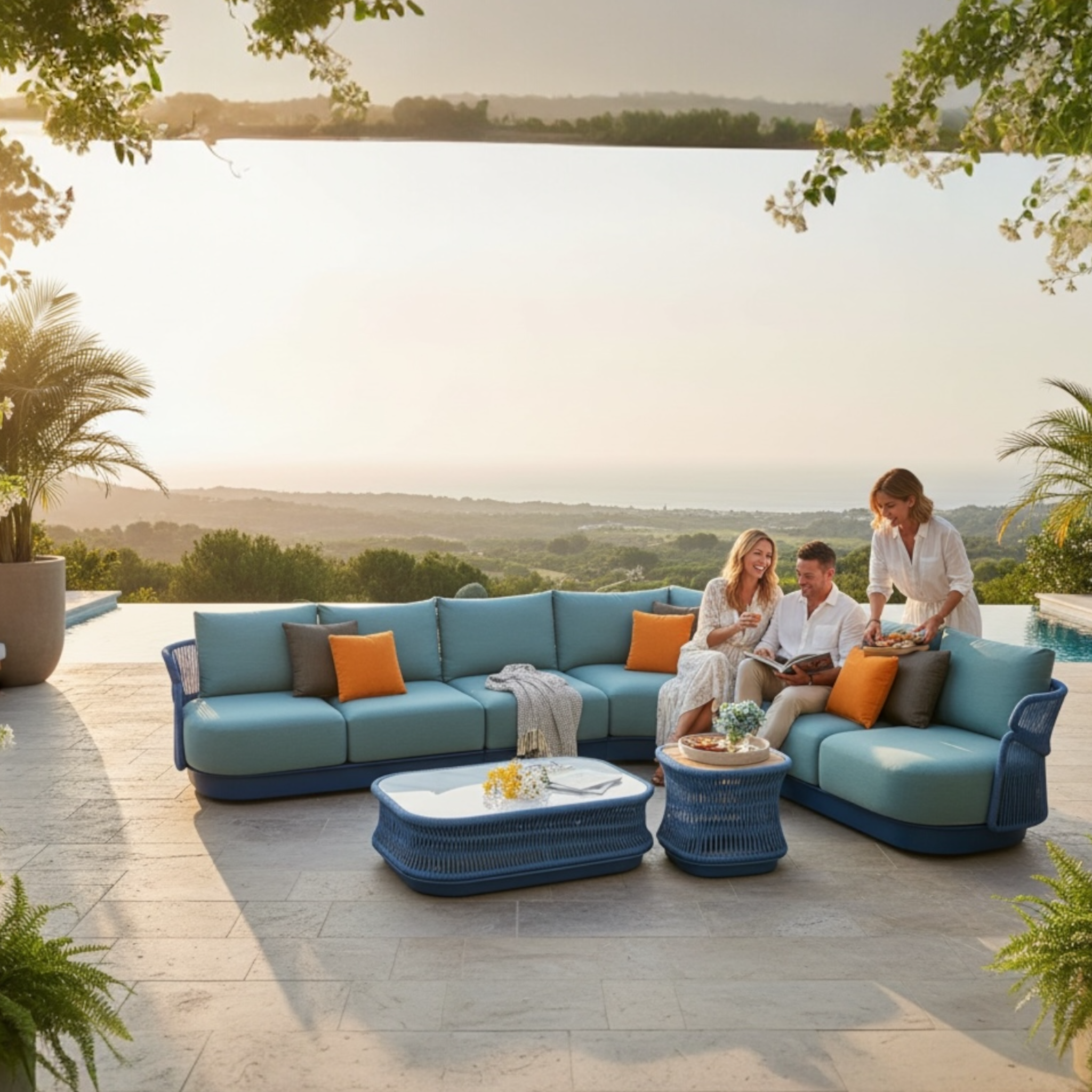 Grand salon de jardin design luxe en aluminium et en corde tressée - LASKA ANGLE