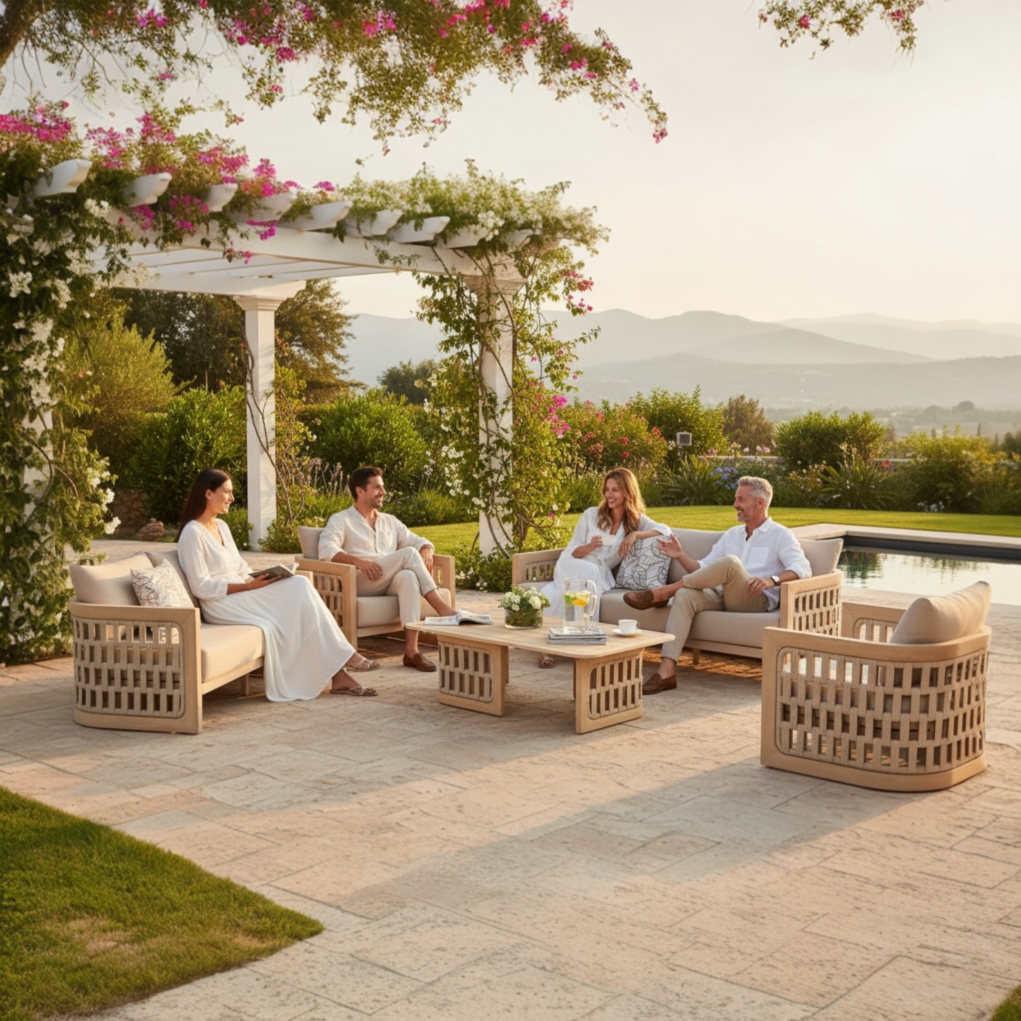 Grand salon de jardin luxe en teck et en corde 7 places  - PALMA XL