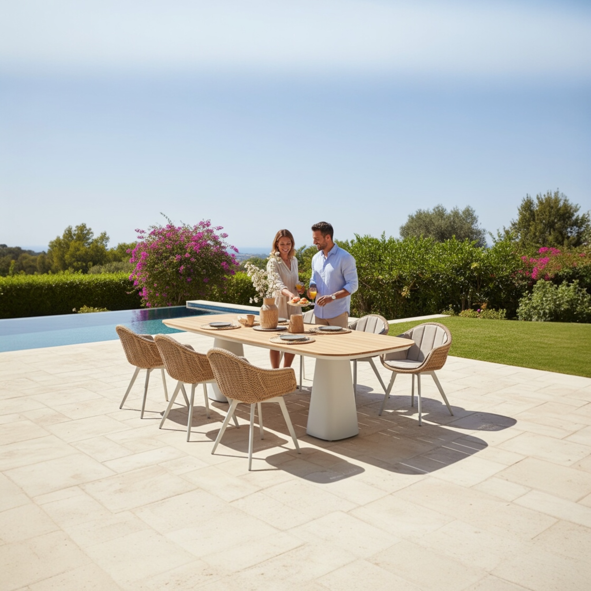 Table repas de jardin haut de gamme en aluminium -  avec plateau en teck - MILO