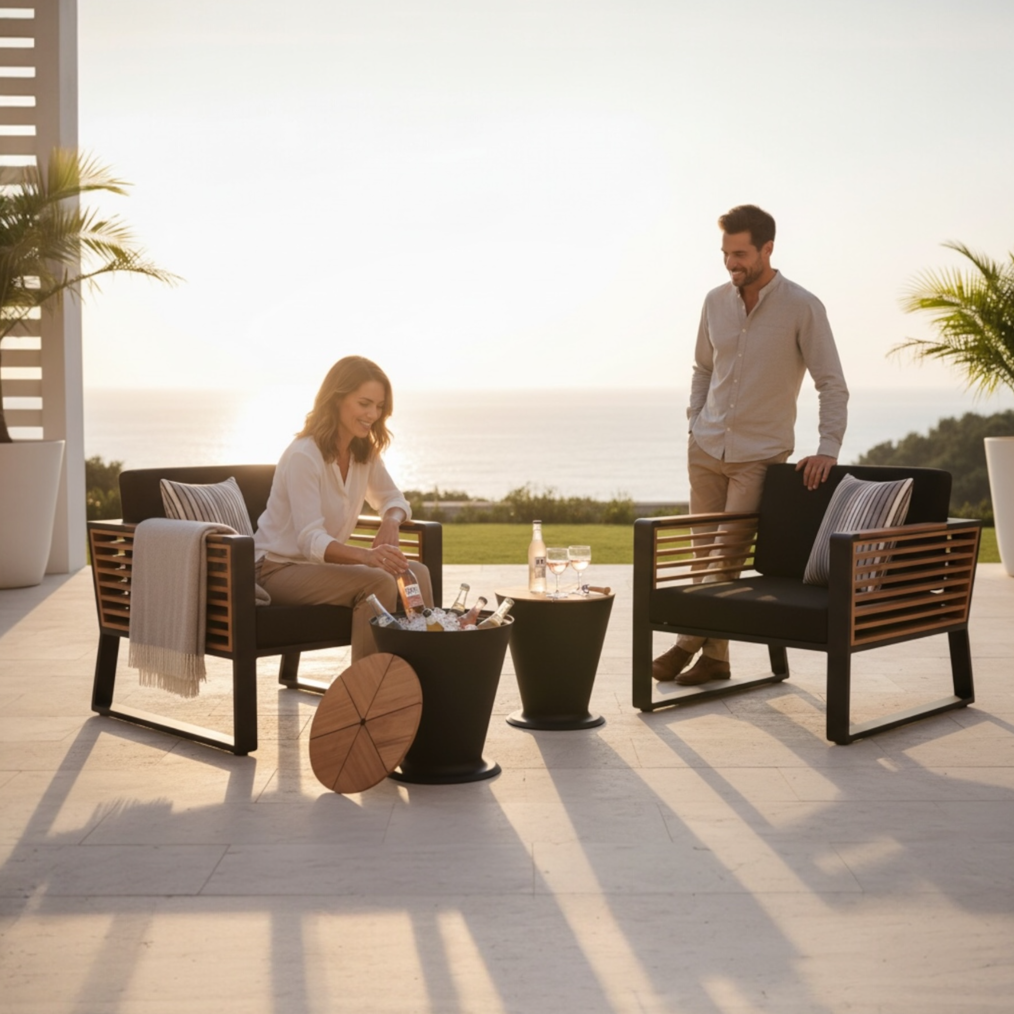 Lot de 2 fauteuils avec table d'appoint aluminium et teck - COFY CLUB