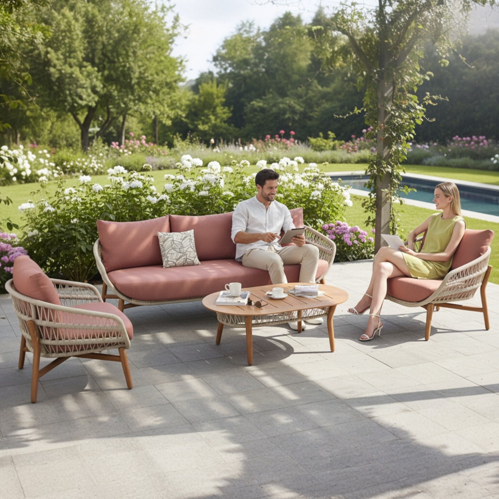 Mobilier de jardin design en bois et en corde 5 places  - ROSE