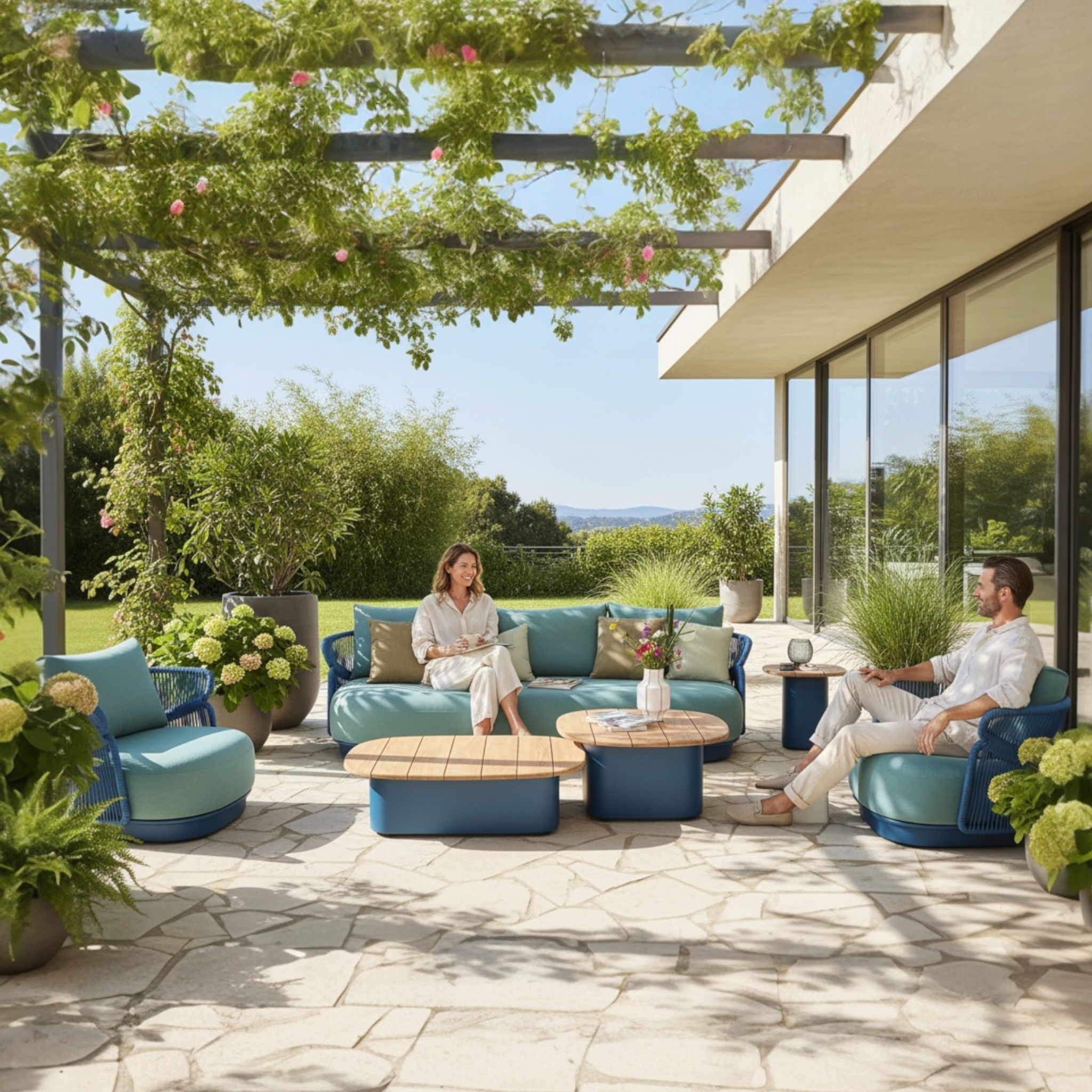 Salon de jardin design luxe en aluminium et en corde tressée - LASKA