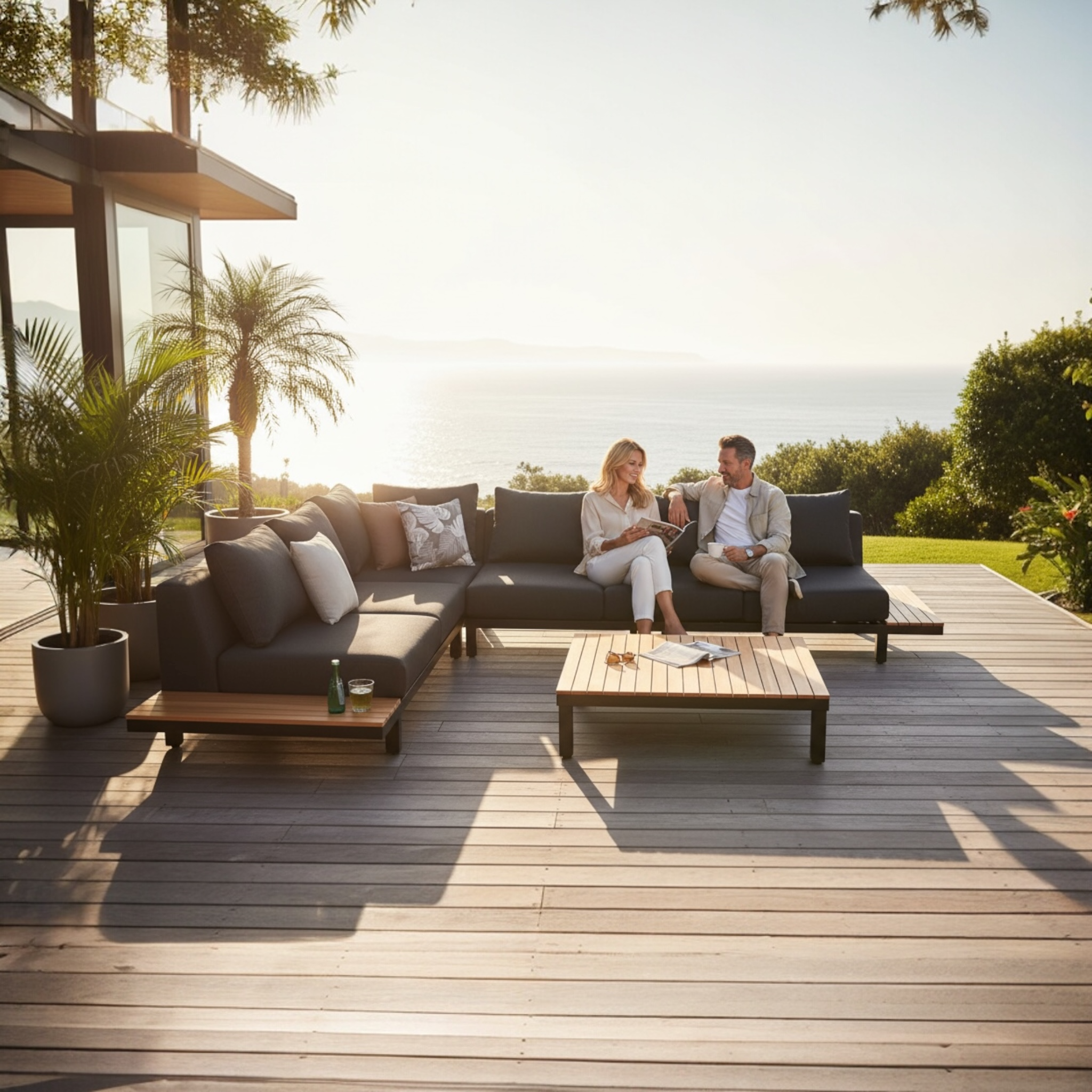 Salon de jardin en aluminium et en teck haut de gamme - ORSY NOIR