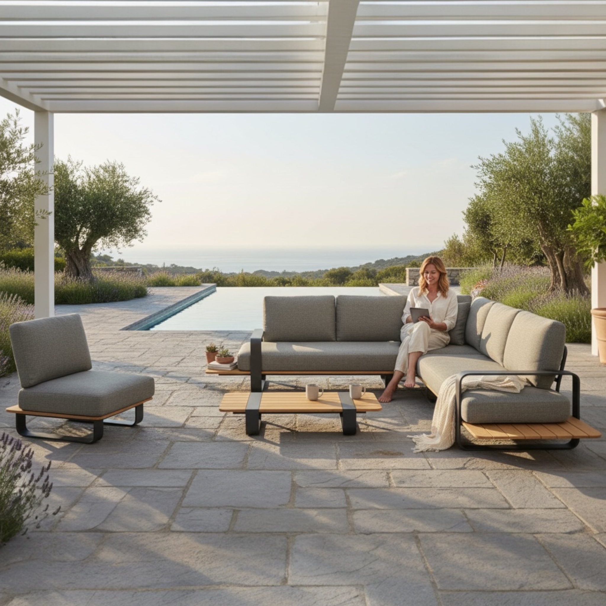 Salon de jardin d'angle en aluminium et en teck - ROMEO GRIS