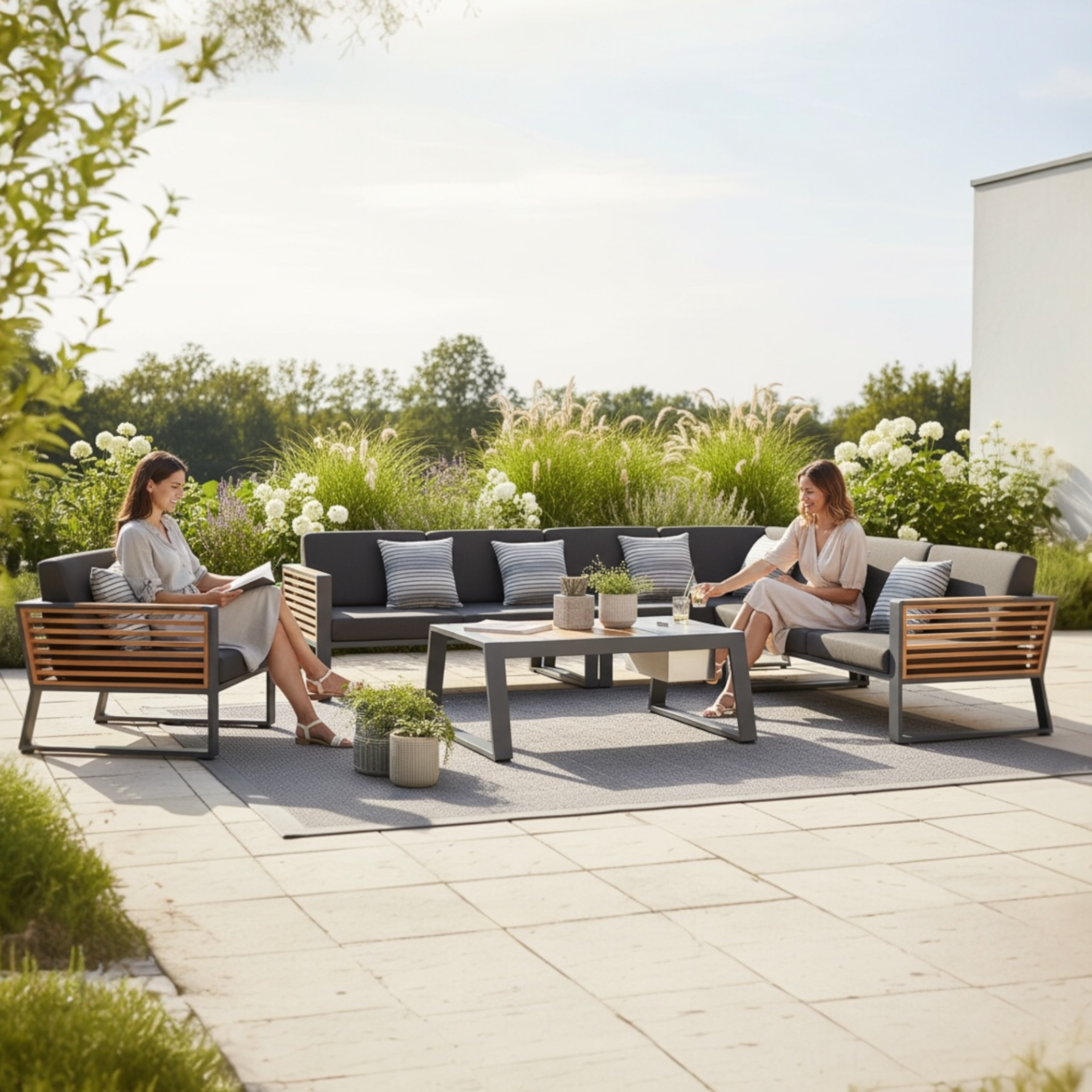 Salon de jardin d'angle luxe en aluminium et en bois teck - COFY