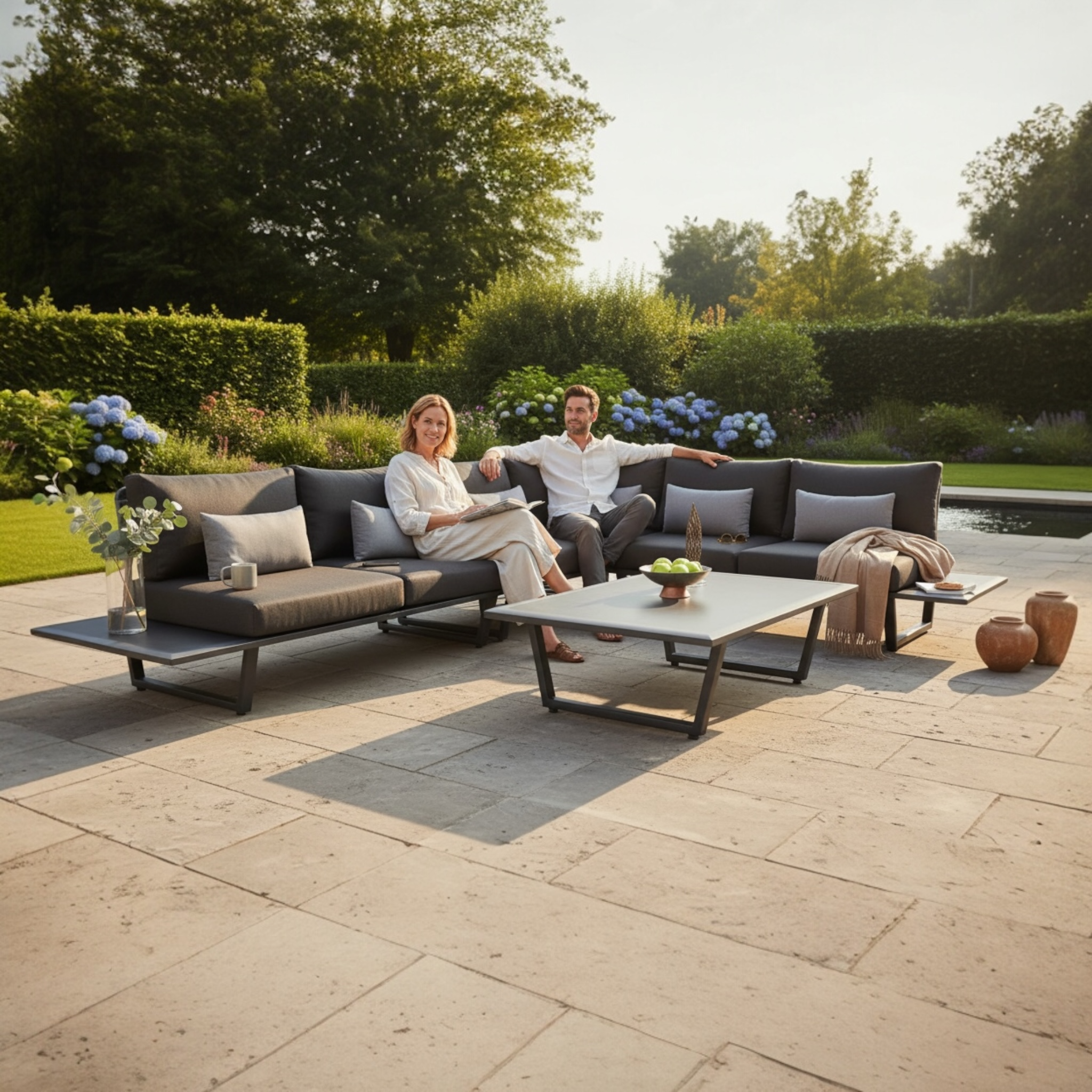 Salon de jardin haut de gamme en aluminium et corde 6 places - SOPHIA GRIS