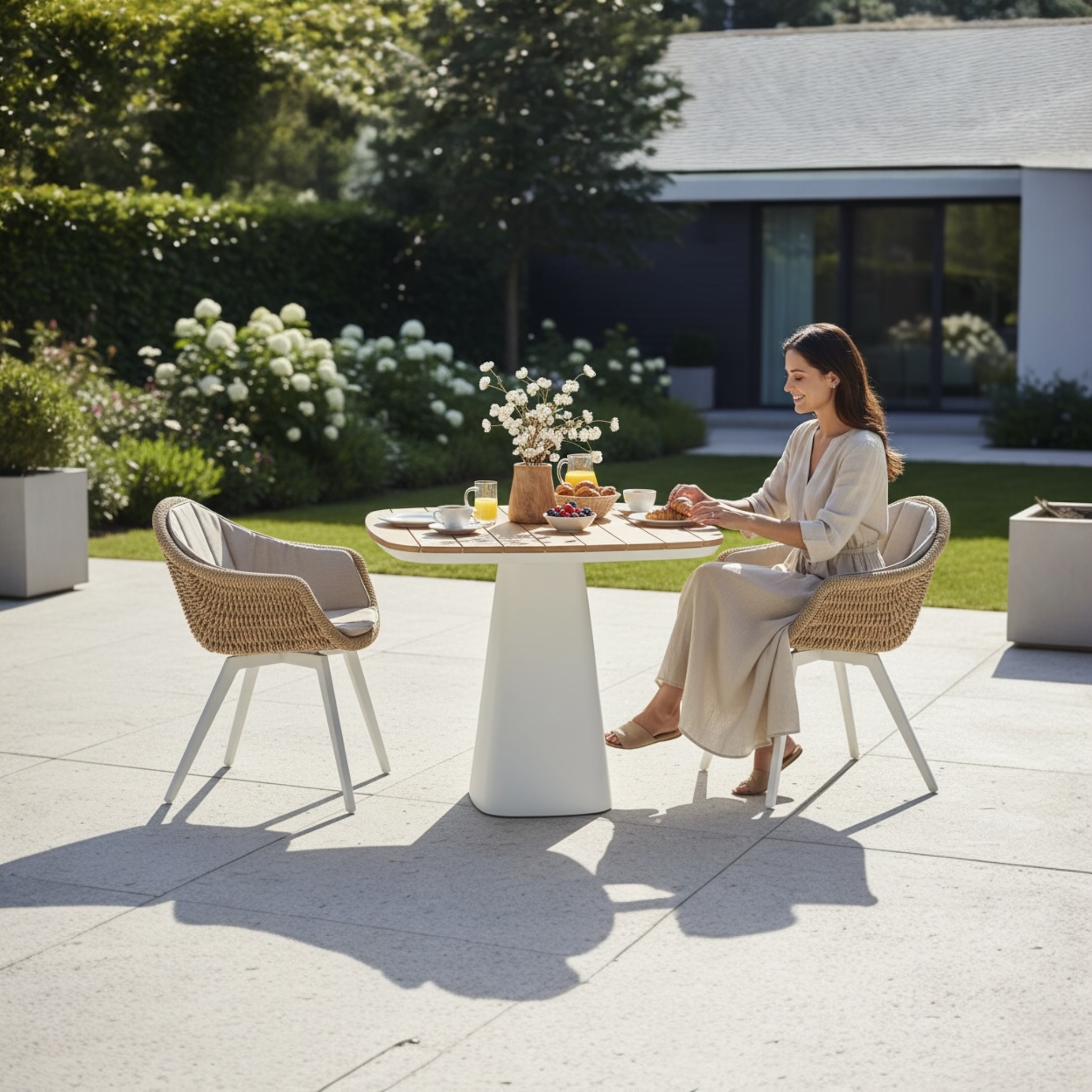 Table repas carré haut de gamme en aluminium - avec plateau teck - MILO