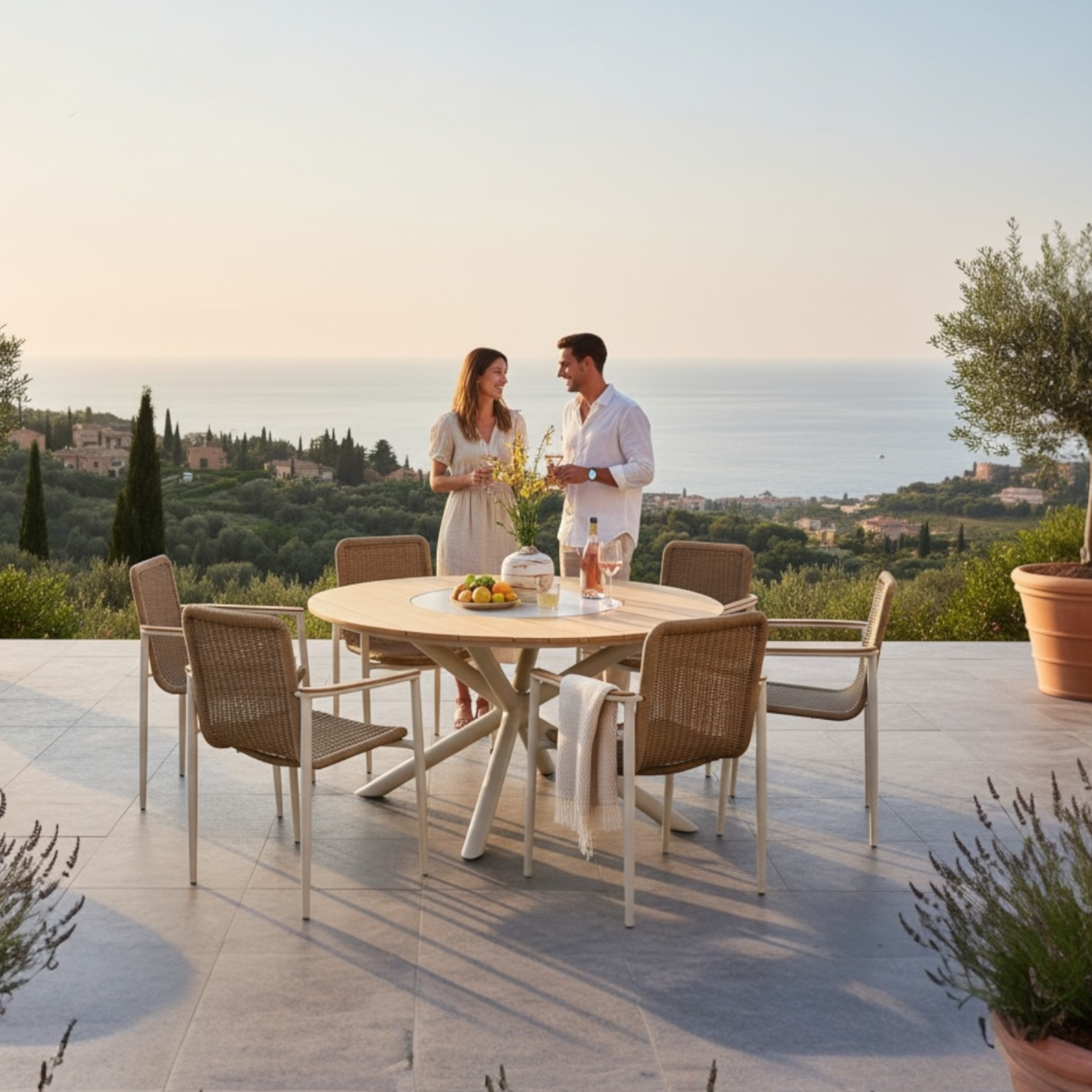 Table de jardin ronde aluminium plateau teck et céramique tournante - ARIEL